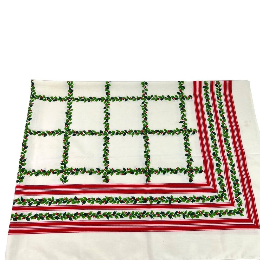 Holly Grid Vintage Tablecloth Festive Holiday Dining Decor 52x67 Rectangle